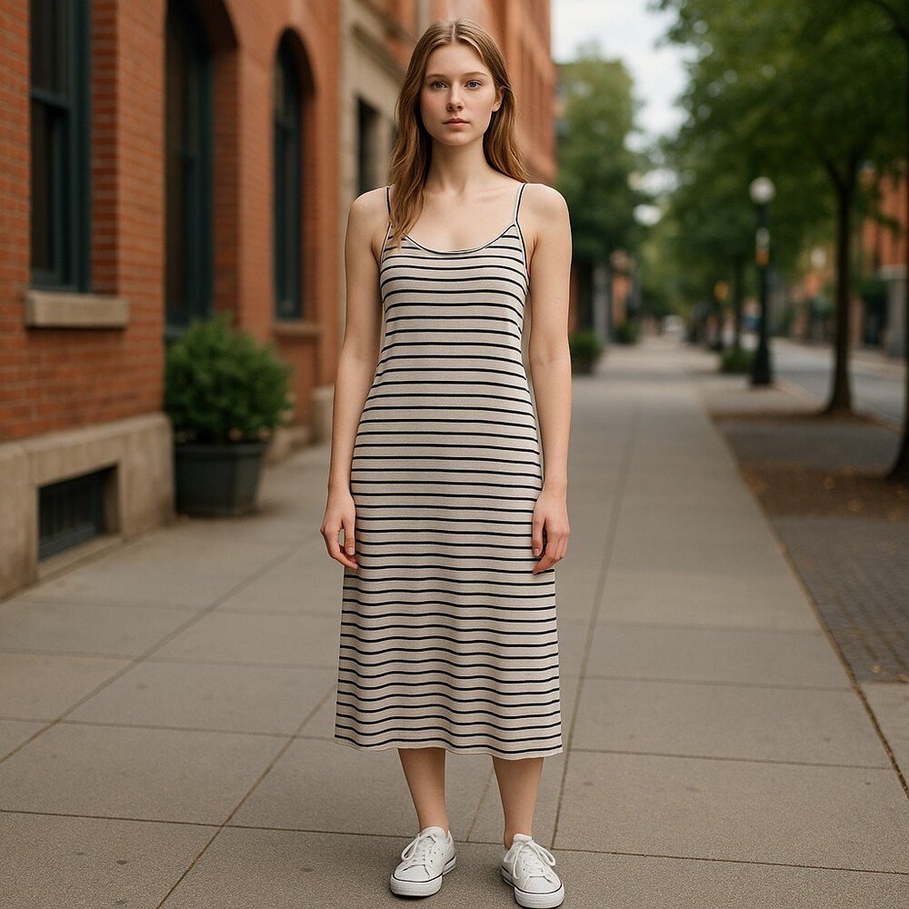 ZARA Striped Midi Dress Size Large Black White Scoop Neck Sleeveless Casual Summ